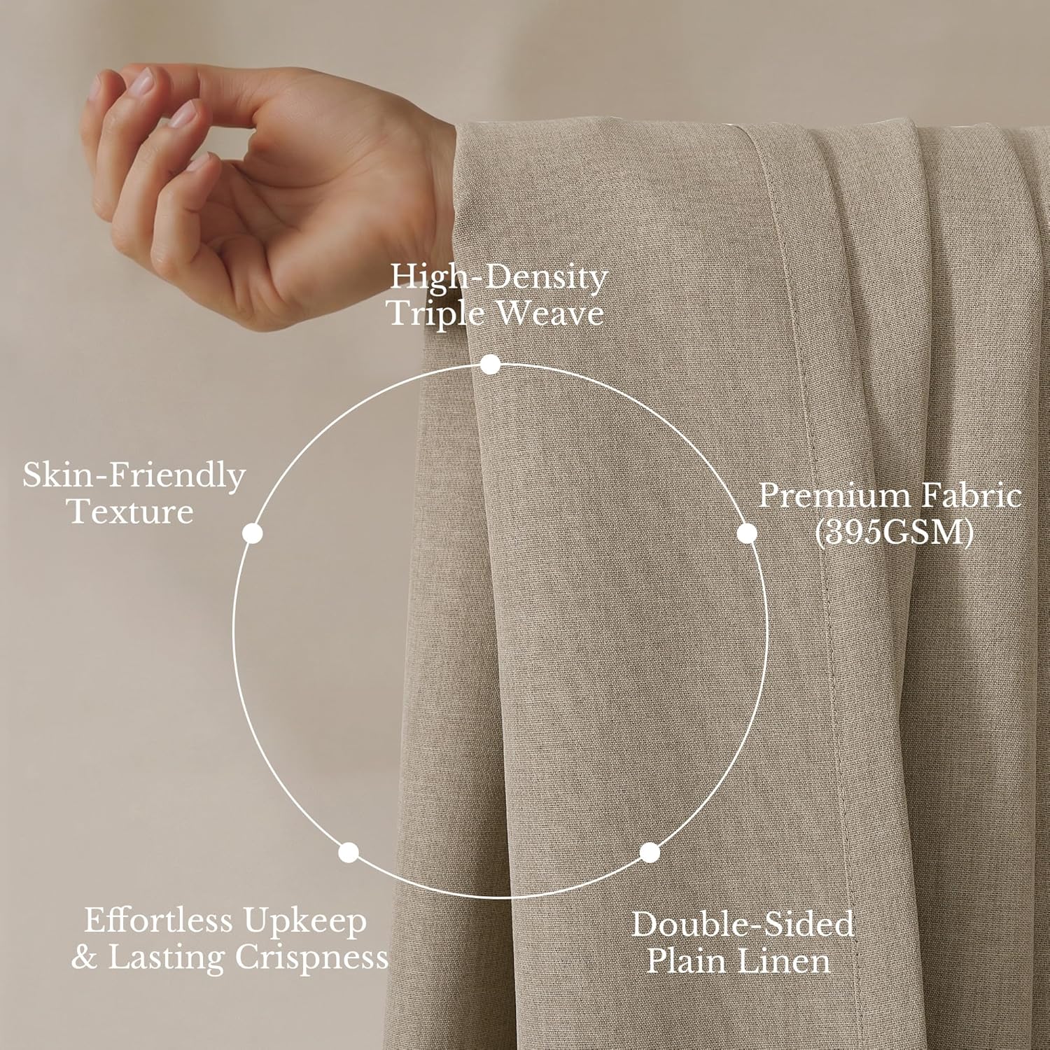 Close-up of a hand touching a natural beige double-sided plain linen fabric with high-density triple weave.