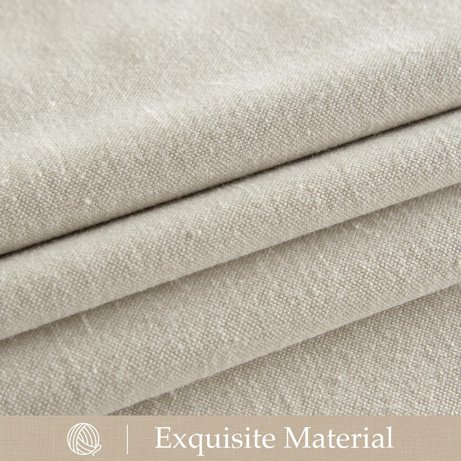 Close-up of natural light beige textured linen-blend fabric, showcasing its visible weave, soft folds, and exquisite quality.