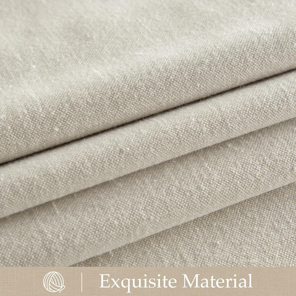 Close-up of natural light beige textured linen-blend fabric, showcasing its visible weave, soft folds, and exquisite quality.