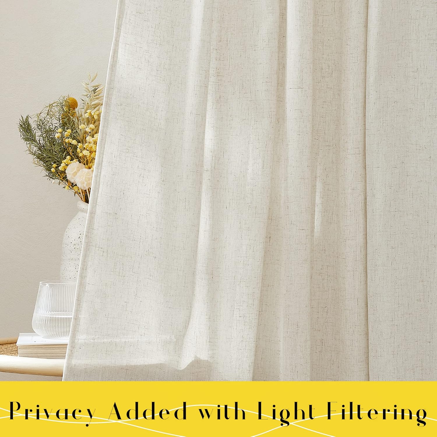 Natural beige textured linen curtain panel providing privacy and light filtering.