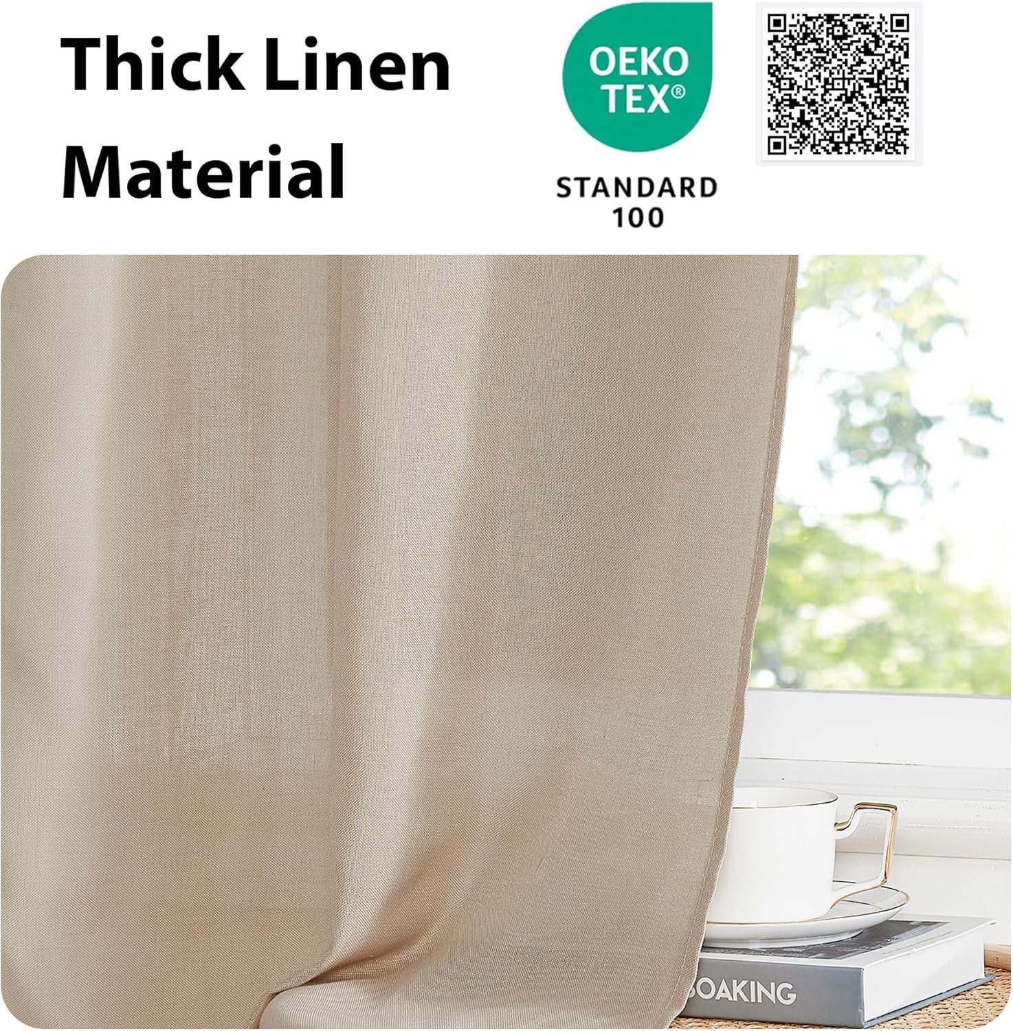 Natural beige thick linen curtain fabric with visible woven texture, OEKO-TEX certified, draped by a window.