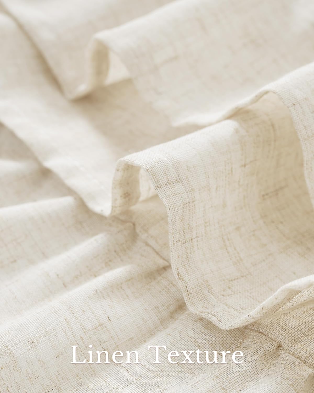 Detailed view of natural light beige linen fabric, highlighting its rustic woven texture and soft, flowing folds.