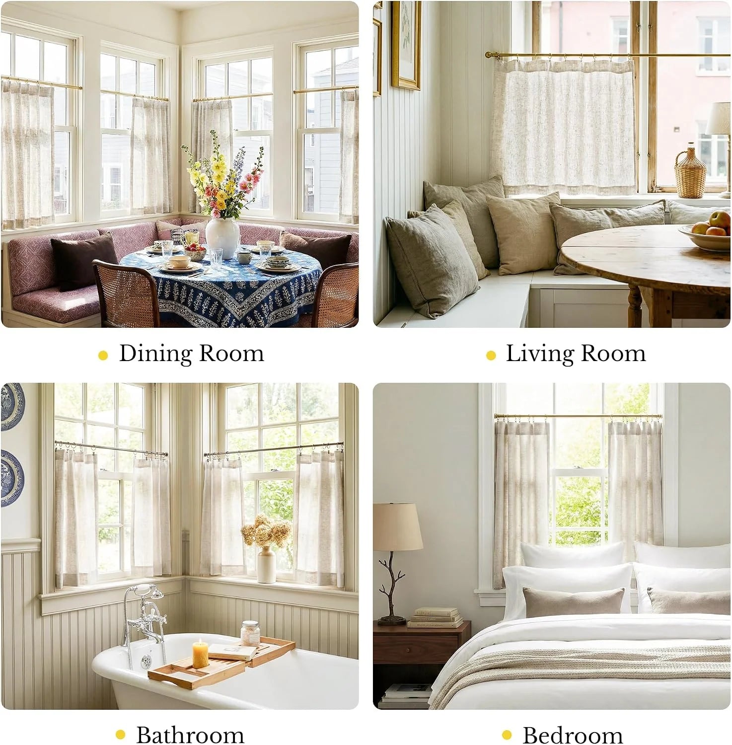 Natural light-filtering cafe curtains displayed in dining, living, bathroom, and bedroom settings.