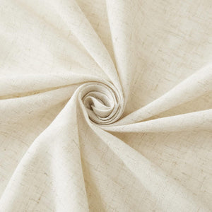 Close-up of natural cream linen blend fabric with a visible slub texture, folded into a gentle swirl.