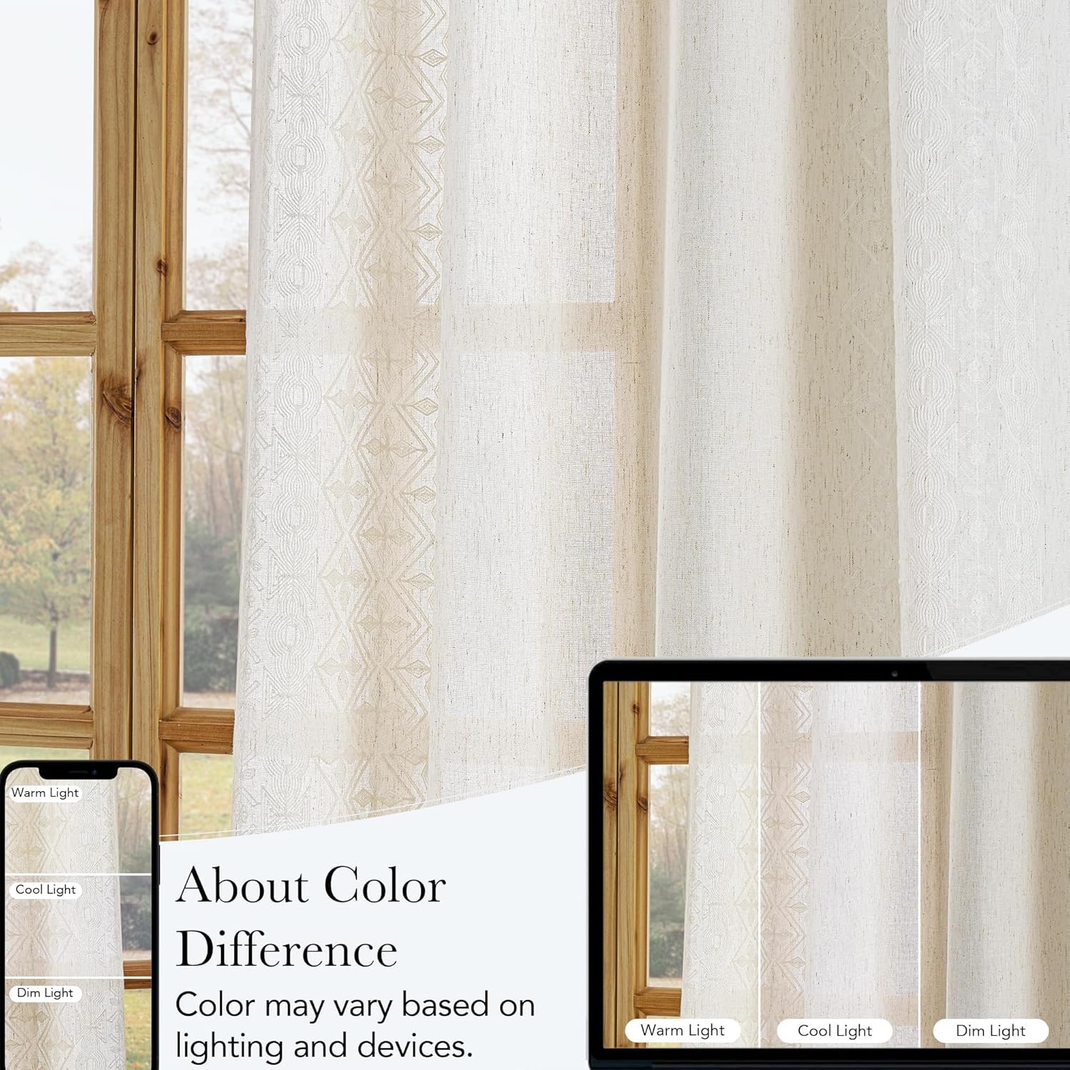 Natural cream linen sheer curtains with a geometric patterned edge, filtering light through a wooden window.