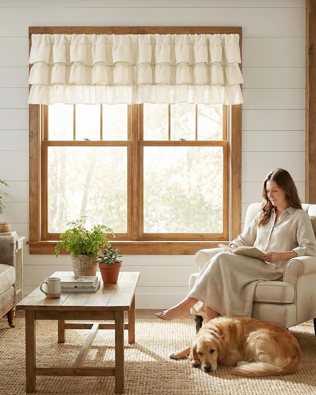 Natural cream ruffled linen valance with rod pocket top, covering a wooden window in a bright room.