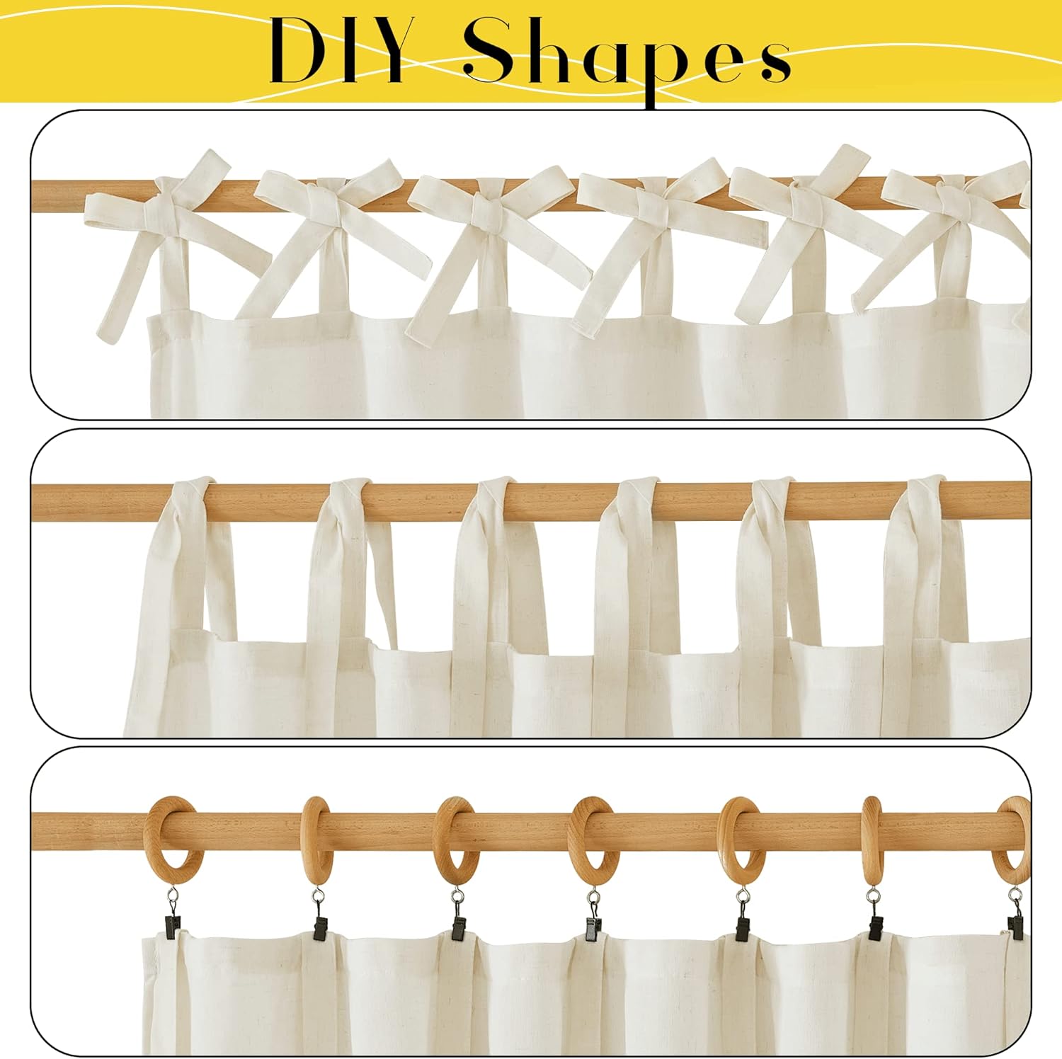Natural fabric curtain displays three hanging options: tie-top bows, tab loops, and clip rings on a wooden rod.