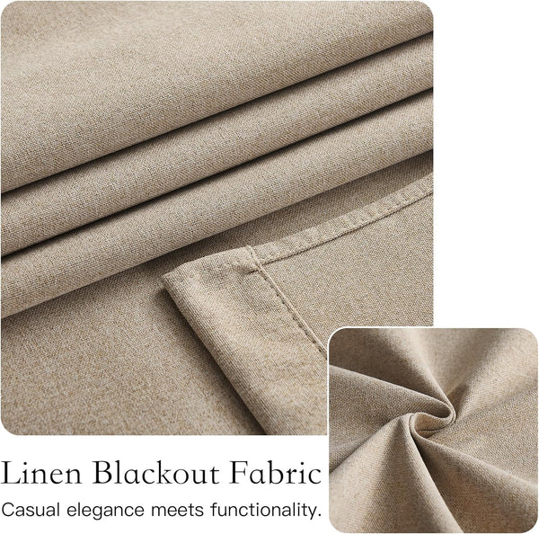 Close-up of natural flax linen blackout fabric folded, showing its visible texture and durable weave.