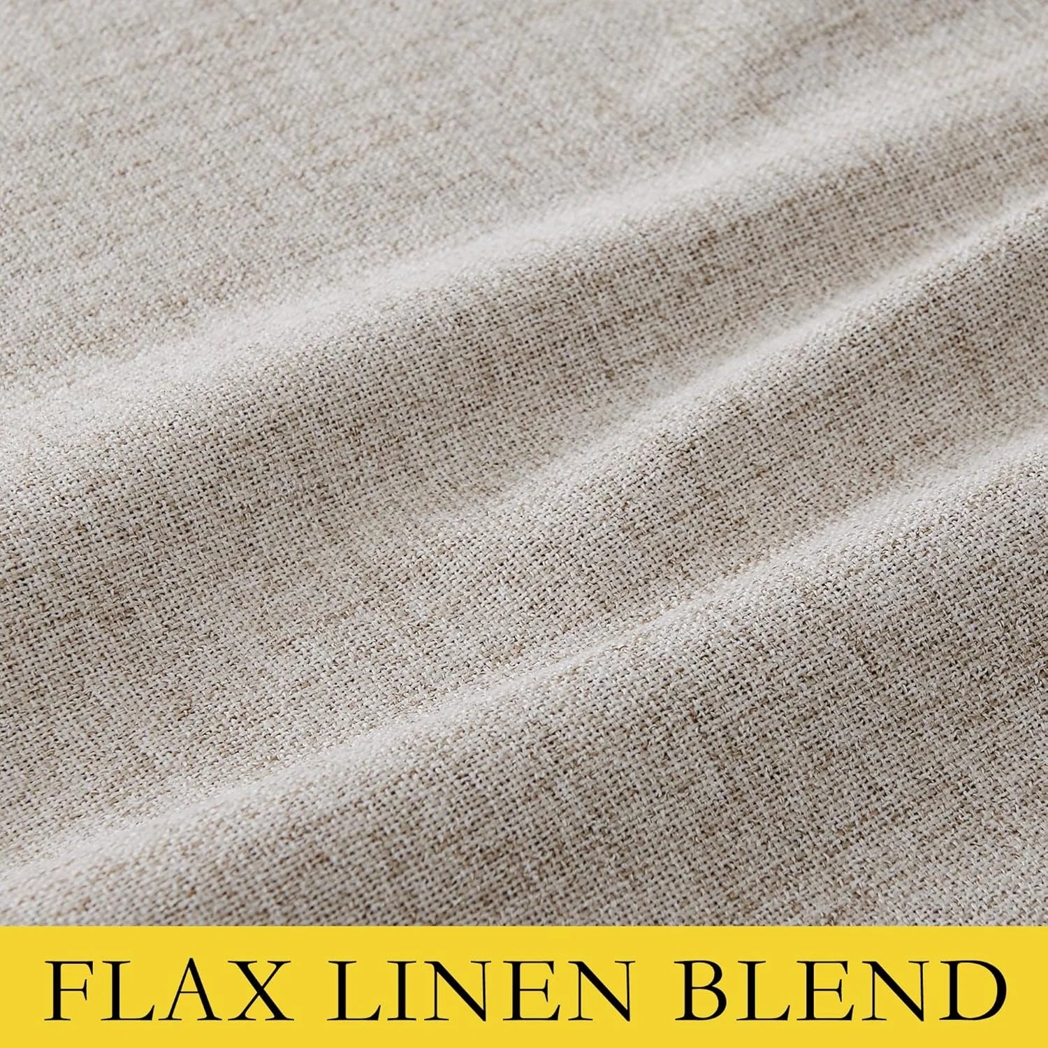 Close-up of natural beige flax linen blend fabric with soft woven texture