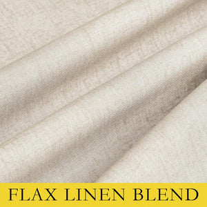 Close-up of natural light beige flax linen blend fabric, showing woven texture and soft folds.