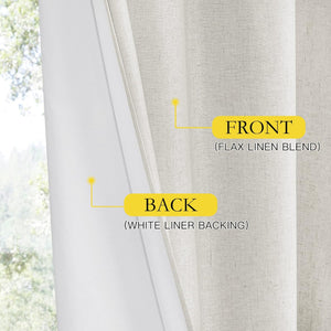 Close-up of a light beige natural flax linen blend curtain front and a white liner backing.