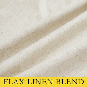 Close-up of light cream natural flax linen blend fabric, featuring its distinct woven texture and visible fibers.