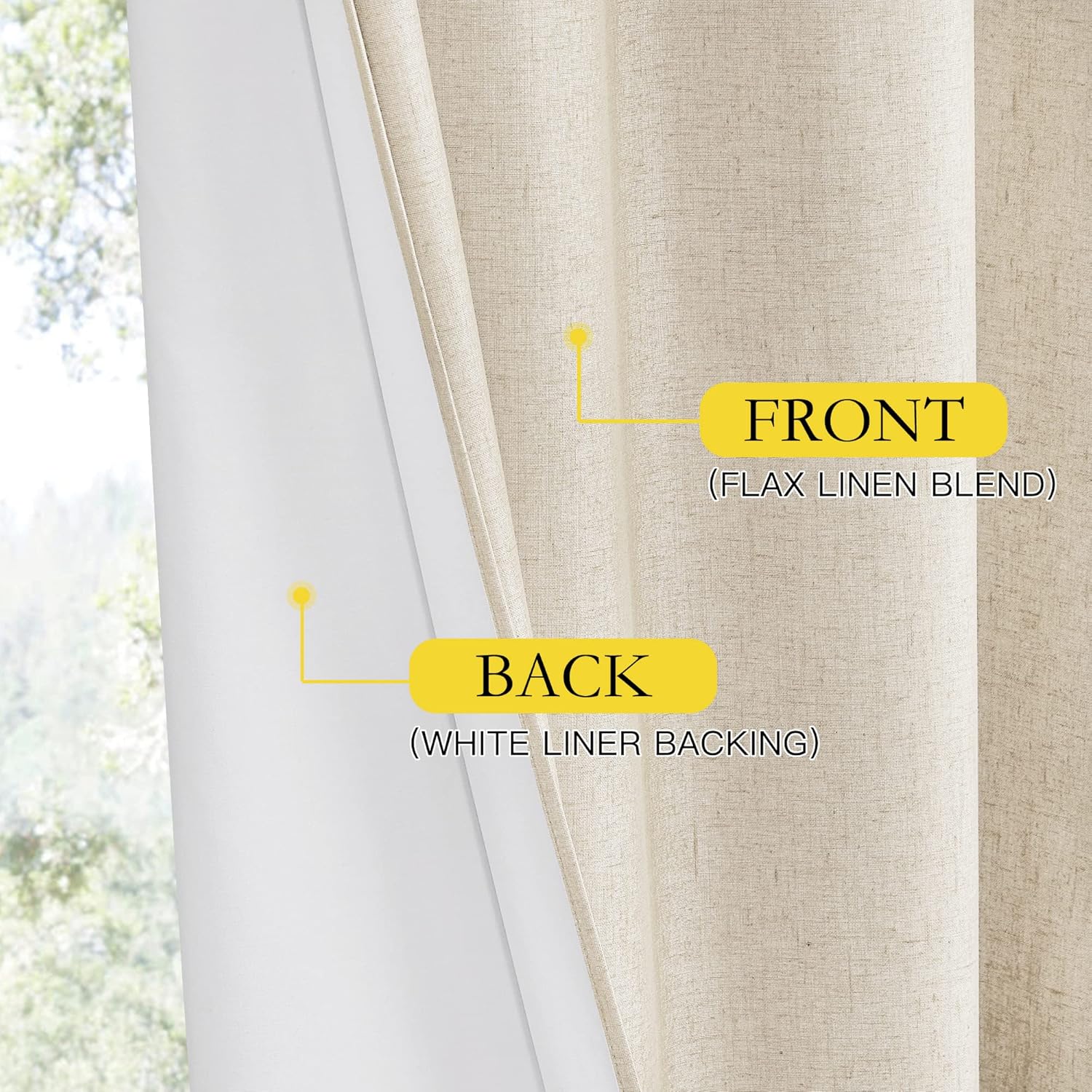 Natural flax linen blend curtain panel displaying its textured beige front and white liner backing.