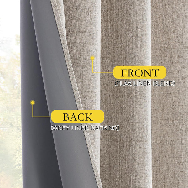 Light beige textured flax linen blend curtain revealing a grey thermal blackout liner.