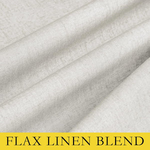 Textured natural greige flax linen blend fabric displaying its woven pattern and soft drapes.