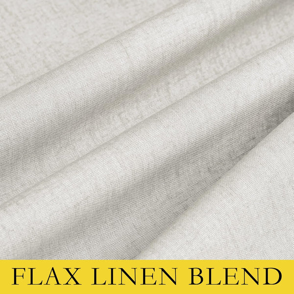Textured natural greige flax linen blend fabric displaying its woven pattern and soft drapes.