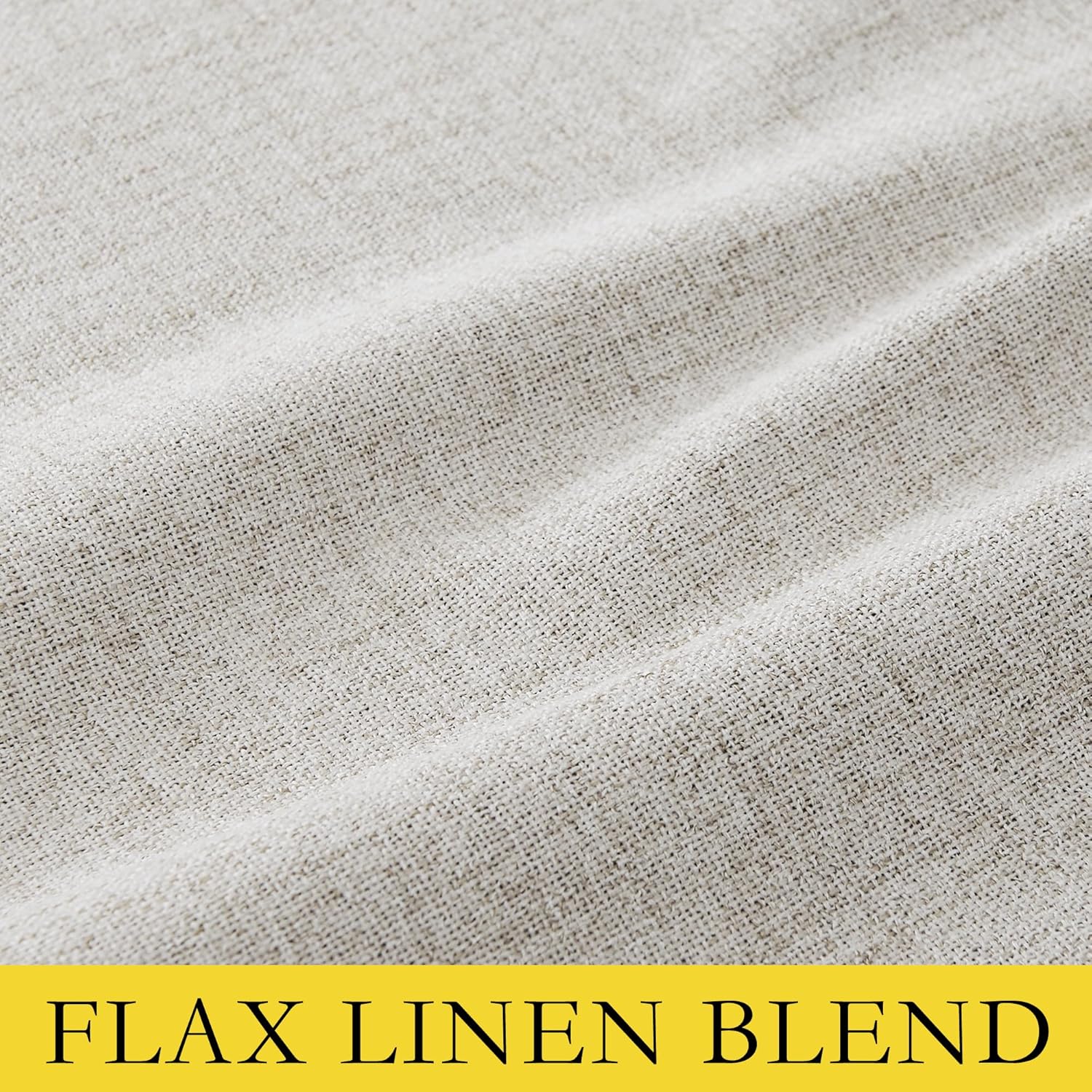 Close-up of textured natural off-white flax linen blend fabric with subtle woven flecks and soft folds.