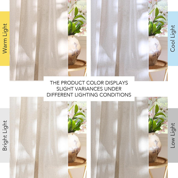 Natural linen blend curtain showcasing color changes under warm, cool, bright, and low light.