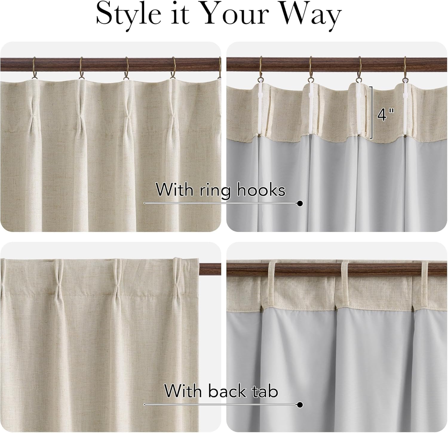 Natural linen blend pleated curtains. Shows ring hook and back tab hanging with grey lining.