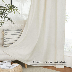 Light-filtering natural linen-blend curtain with subtle texture, draped beside a window in a bright room.