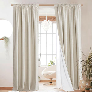 Light beige linen blend rod pocket curtains with visible white lining in a modern room.