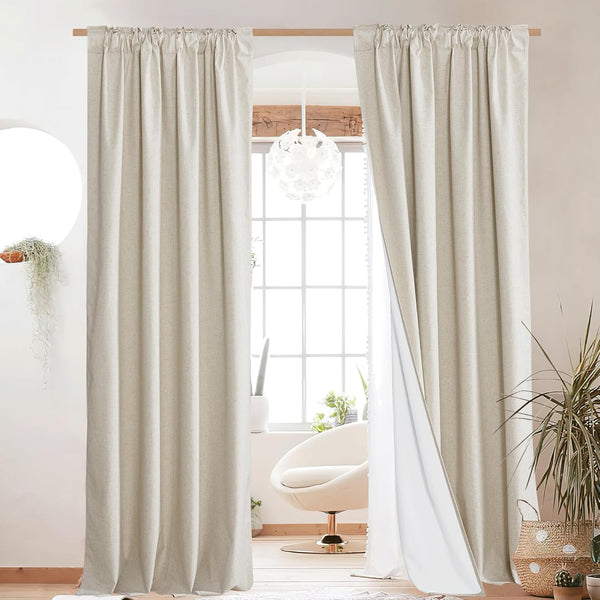 Light beige linen blend rod pocket curtains with visible white lining in a modern room.