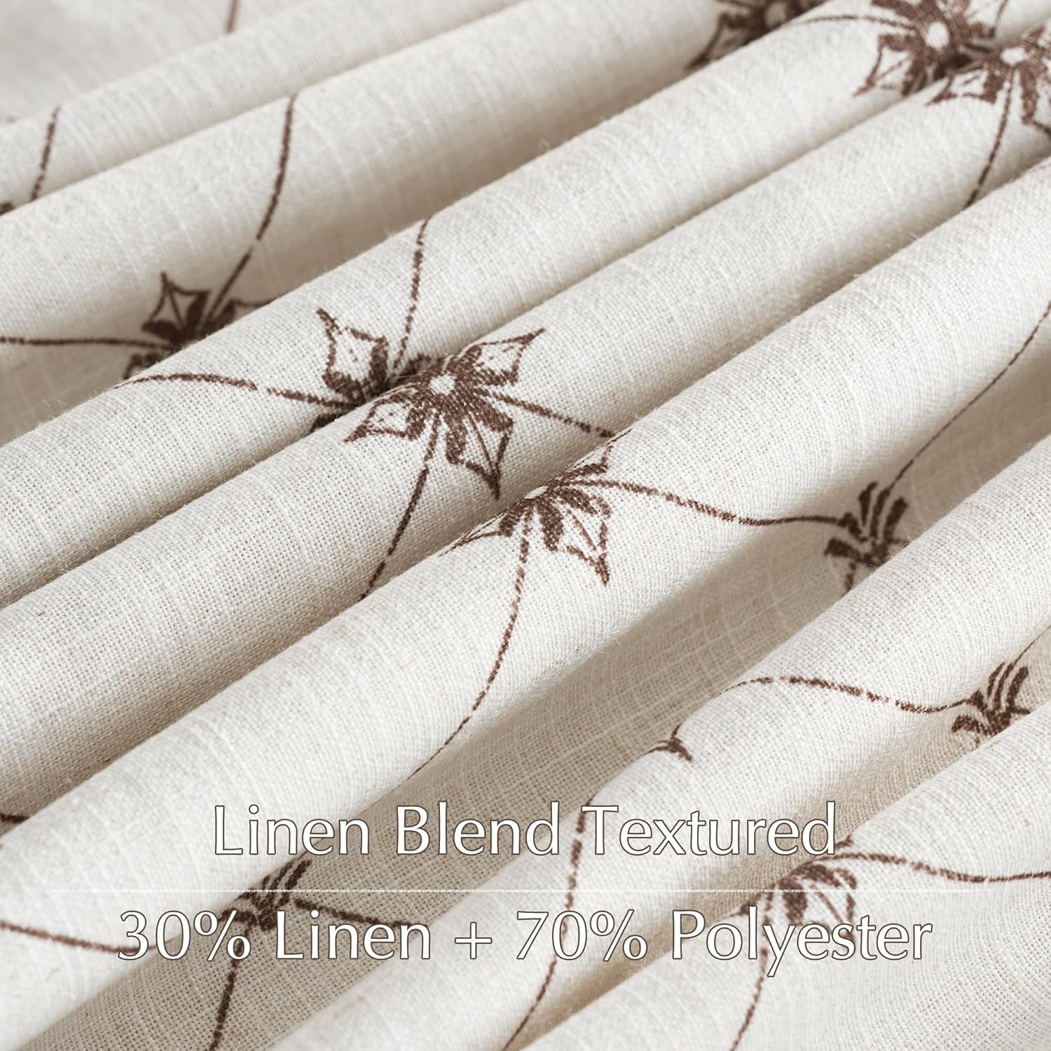 Close-up of natural linen blend textured fabric (30% linen, 70% polyester) with brown floral pattern.