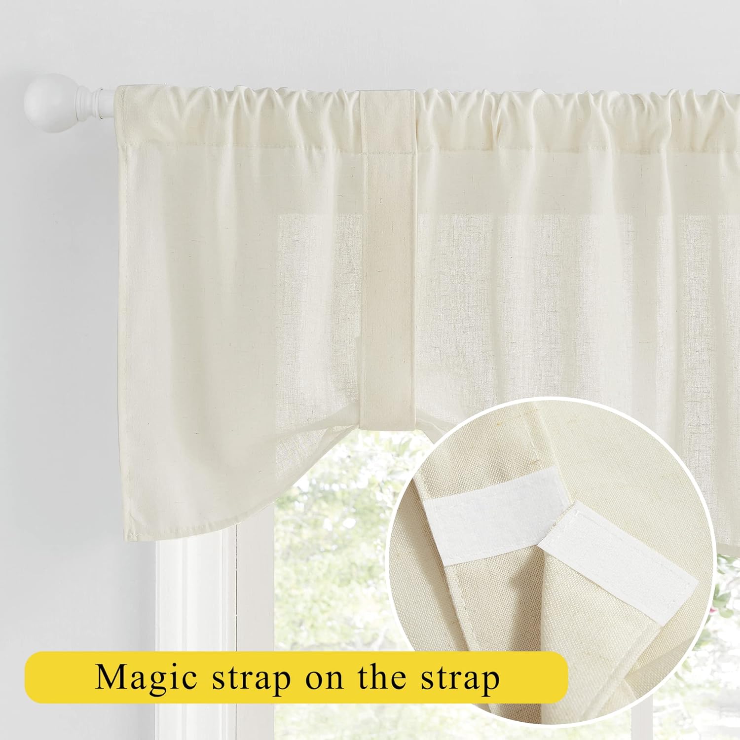 Natural linen blend valance curtain with rod pocket and adjustable tie-up strap with hook-and-loop fasteners.