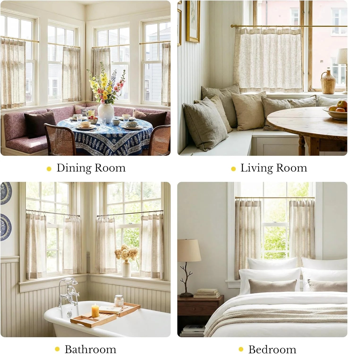 Natural linen cafe curtains shown in four home settings: dining, living, bathroom, and bedroom.