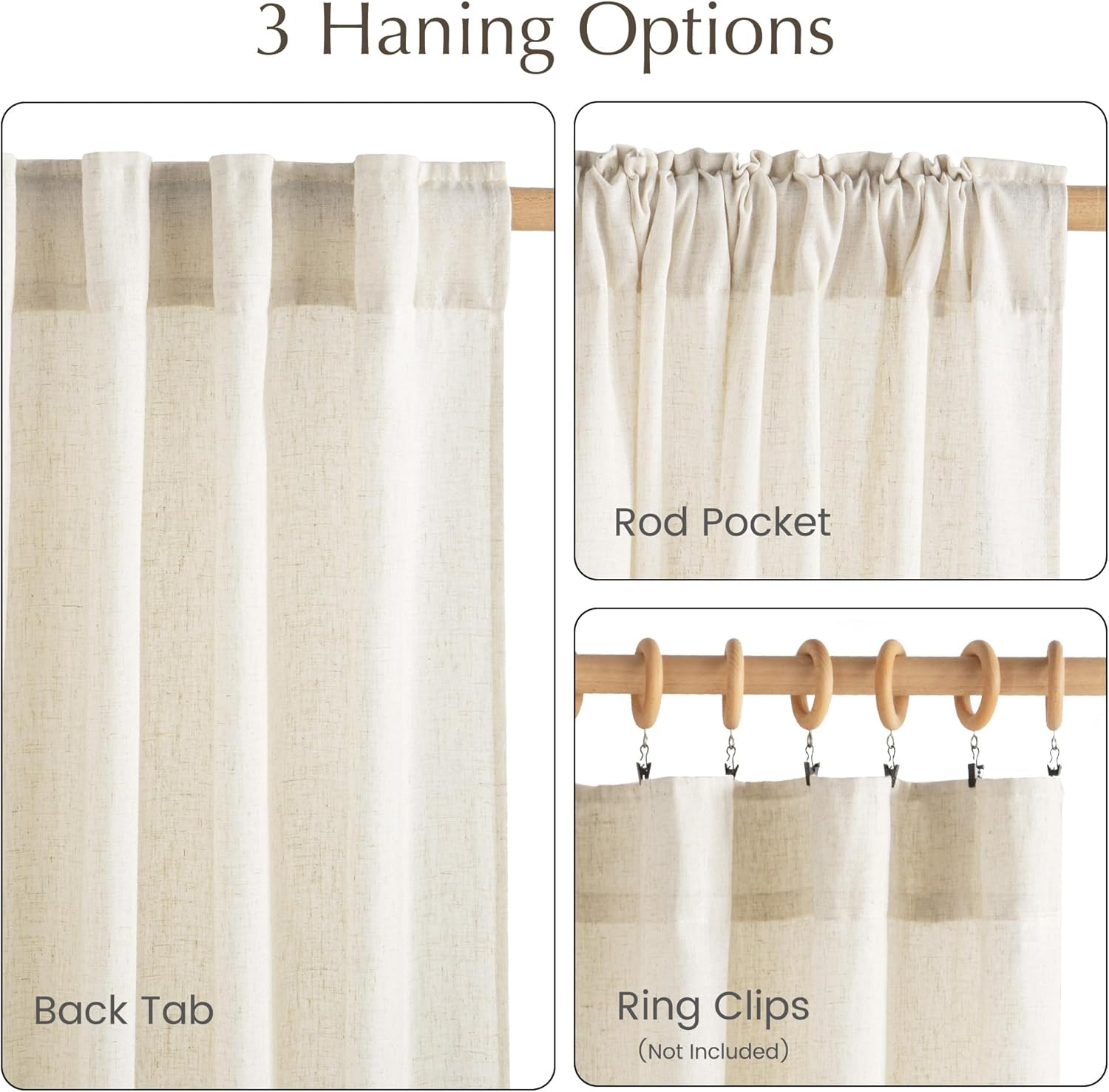 Light beige linen textured curtain showcasing back tab, rod pocket, and ring clip hanging options.