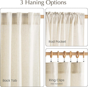 Light beige linen textured curtain showcasing back tab, rod pocket, and ring clip hanging options.
