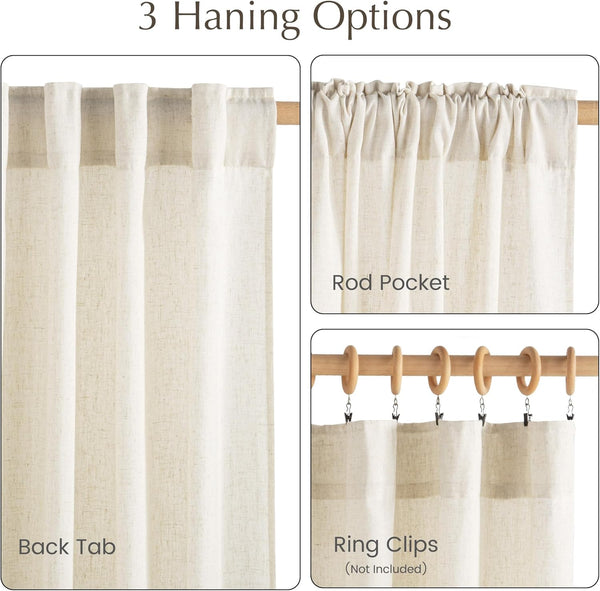 Light beige linen textured curtain showcasing back tab, rod pocket, and ring clip hanging options.