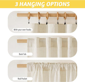 Three hanging options for natural beige linen curtains: clip rings, back tab, and rod pocket.