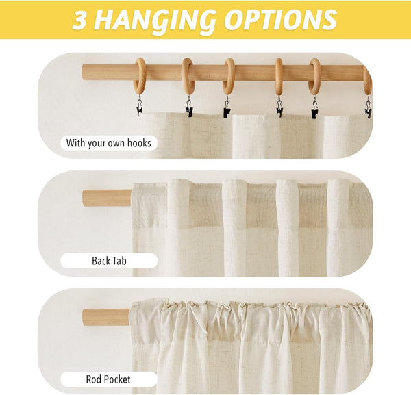 Three hanging options for natural beige linen curtains: clip rings, back tab, and rod pocket.
