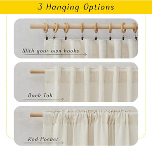 Natural beige linen curtain displaying three hanging styles: clip hooks, back tab, and rod pocket.