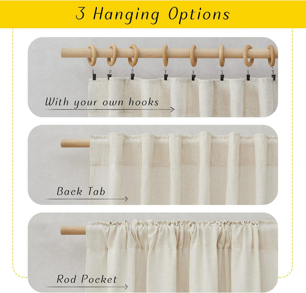 Natural beige linen curtain displaying three hanging styles: clip hooks, back tab, and rod pocket.