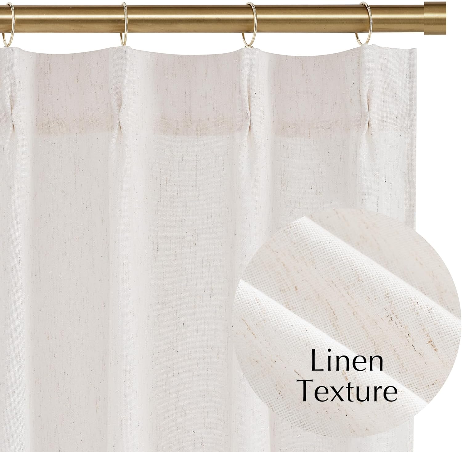 Textured natural linen curtain in light beige with a pleated header, hanging from a golden brass rod.