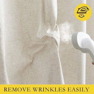 Close-up of a natural beige, textured linen curtain being steamed with a handheld device to easily remove wrinkles.