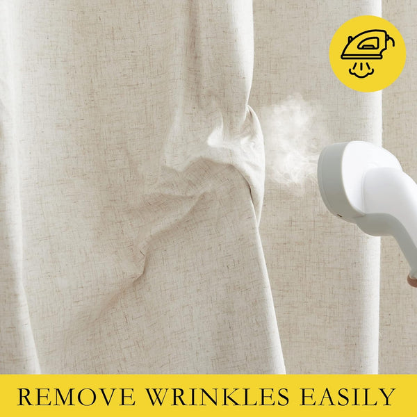 Close-up of a natural beige, textured linen curtain being steamed with a handheld device to easily remove wrinkles.