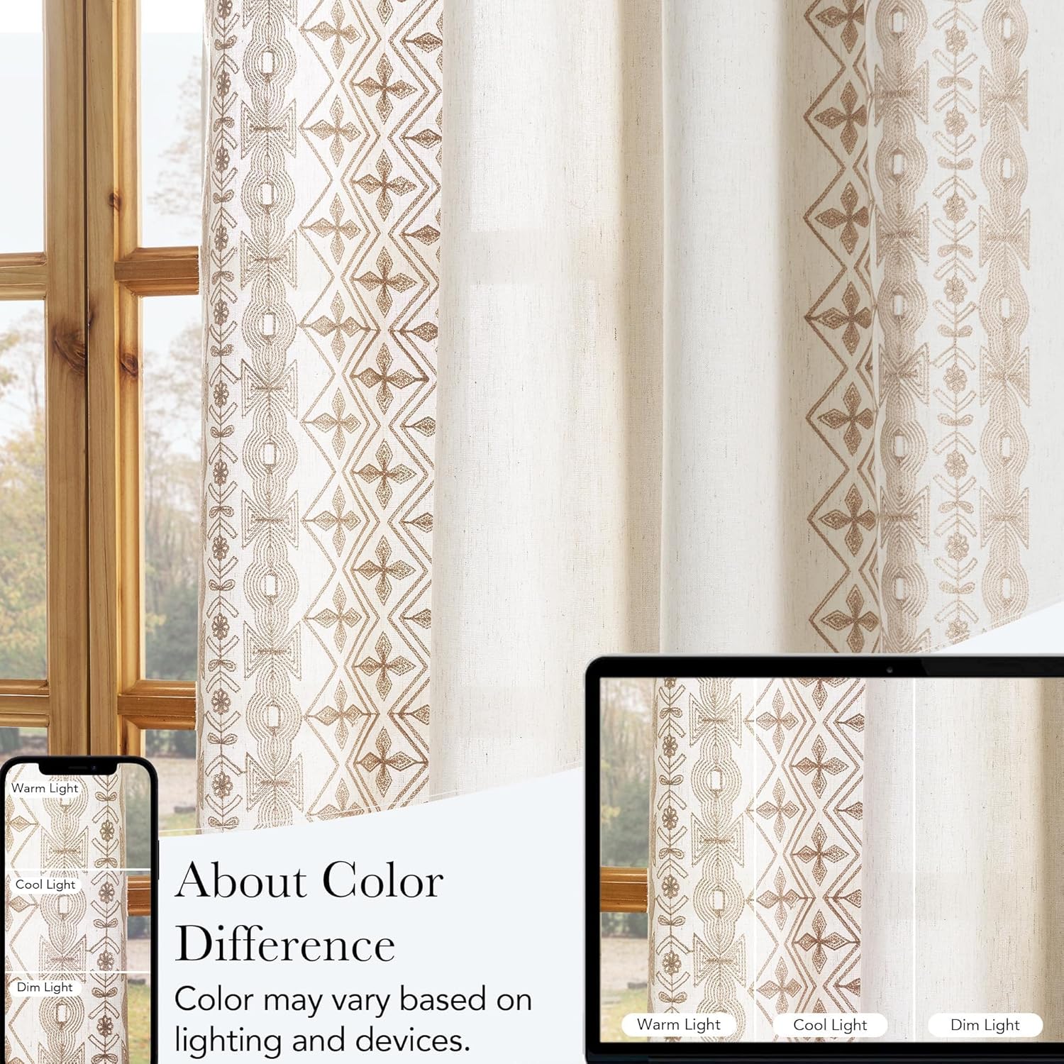 Close-up of a natural linen semi-sheer curtain featuring detailed beige embroidered geometric and leaf patterns.