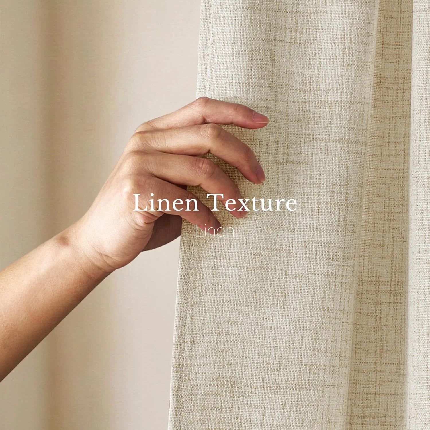 Close-up of a hand gently touching and pulling natural beige linen fabric, highlighting its textured weave.