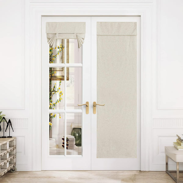 Natural linen look privacy shades on white French doors, showing a tie-up Roman and a flat panel.