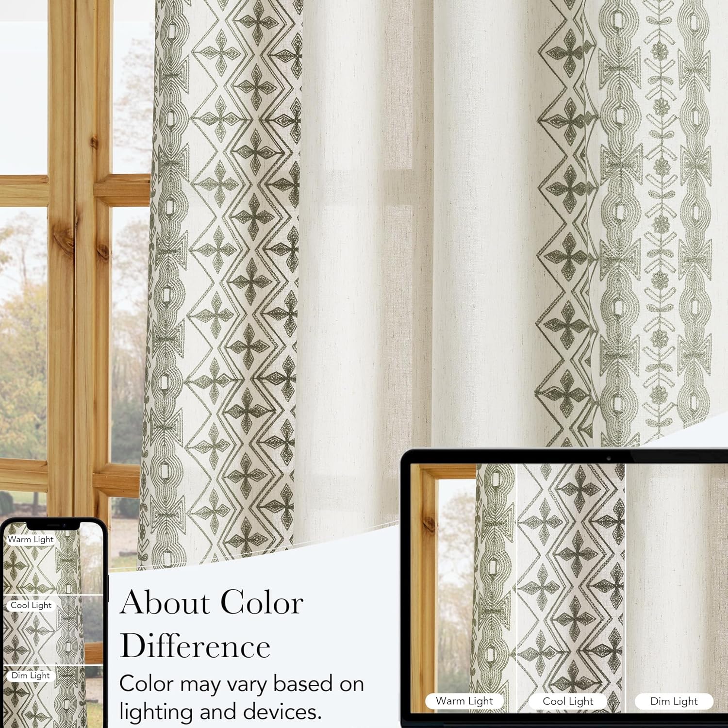 Light filtering natural linen curtain with olive green geometric and botanical embroidery by rustic window.