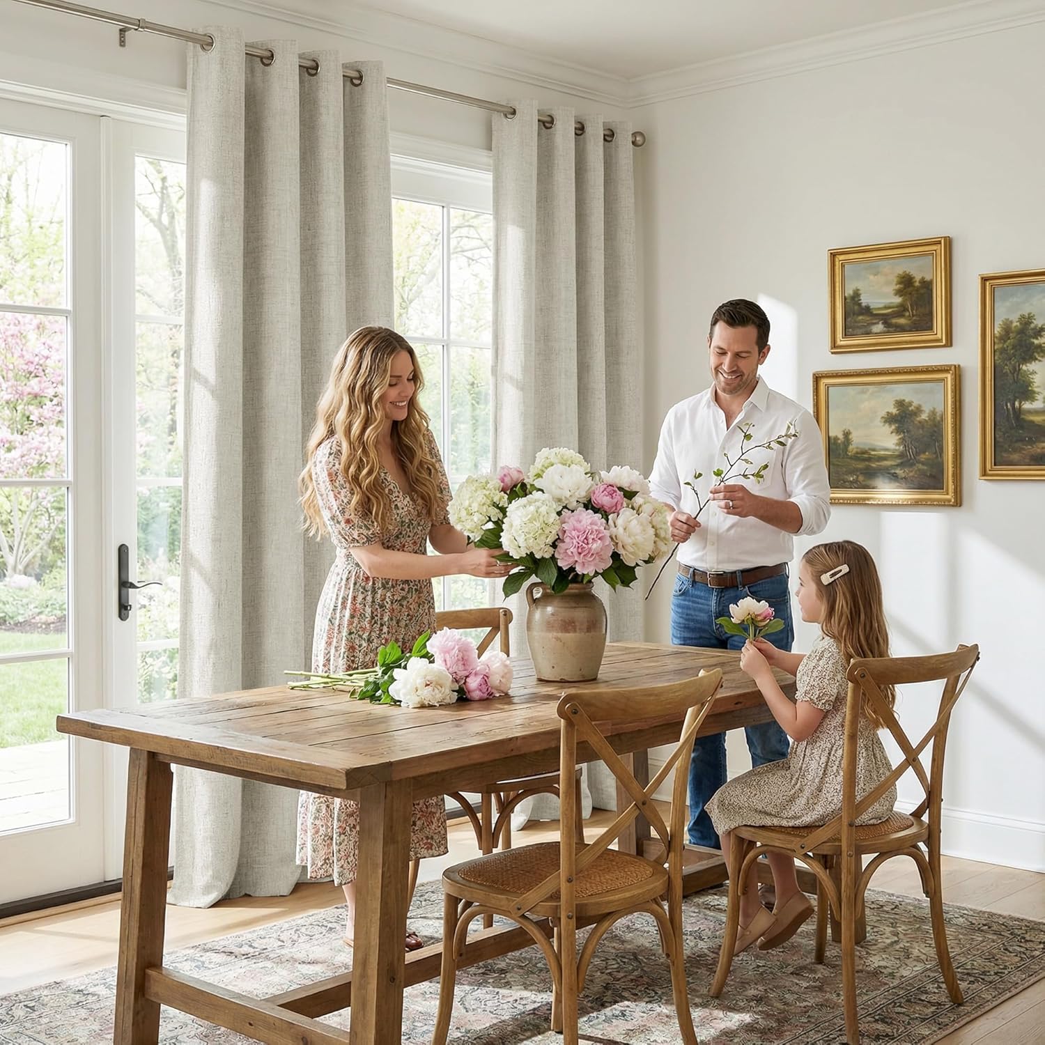 Natural linen textured grommet top drapes hang elegantly on a silver rod in a bright dining room.