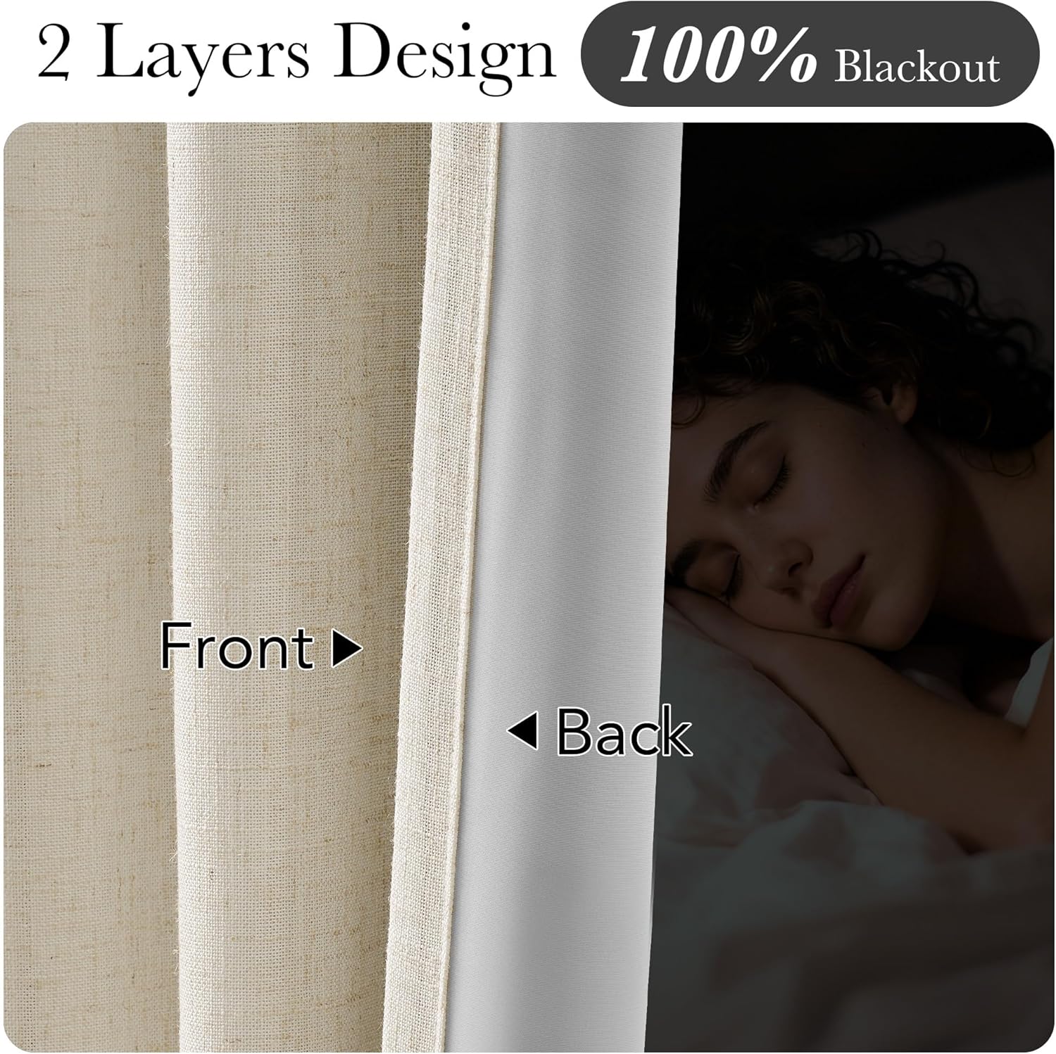 Beige linen-look two-layer blackout curtain, showing textured front fabric and opaque white backing.