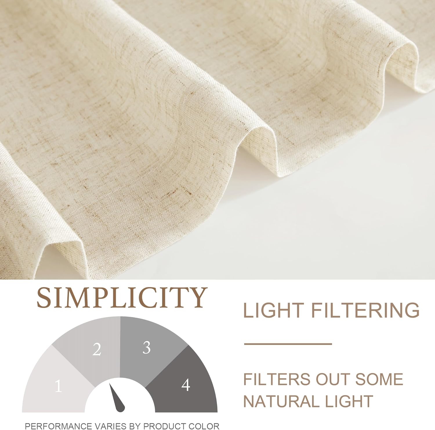 Detailed view of light beige linen-look fabric with soft folds, showcasing its textured, light filtering quality.