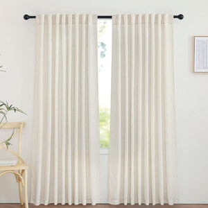 Pair of natural linen-look pleated curtains hanging from a black rod, diffusing light through a window.