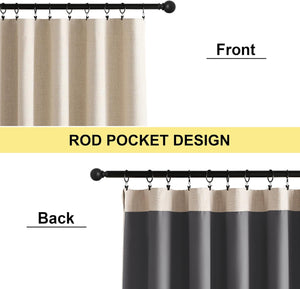 Beige textured linen-look curtain front and dark gray blackout back, featuring a rod pocket design.