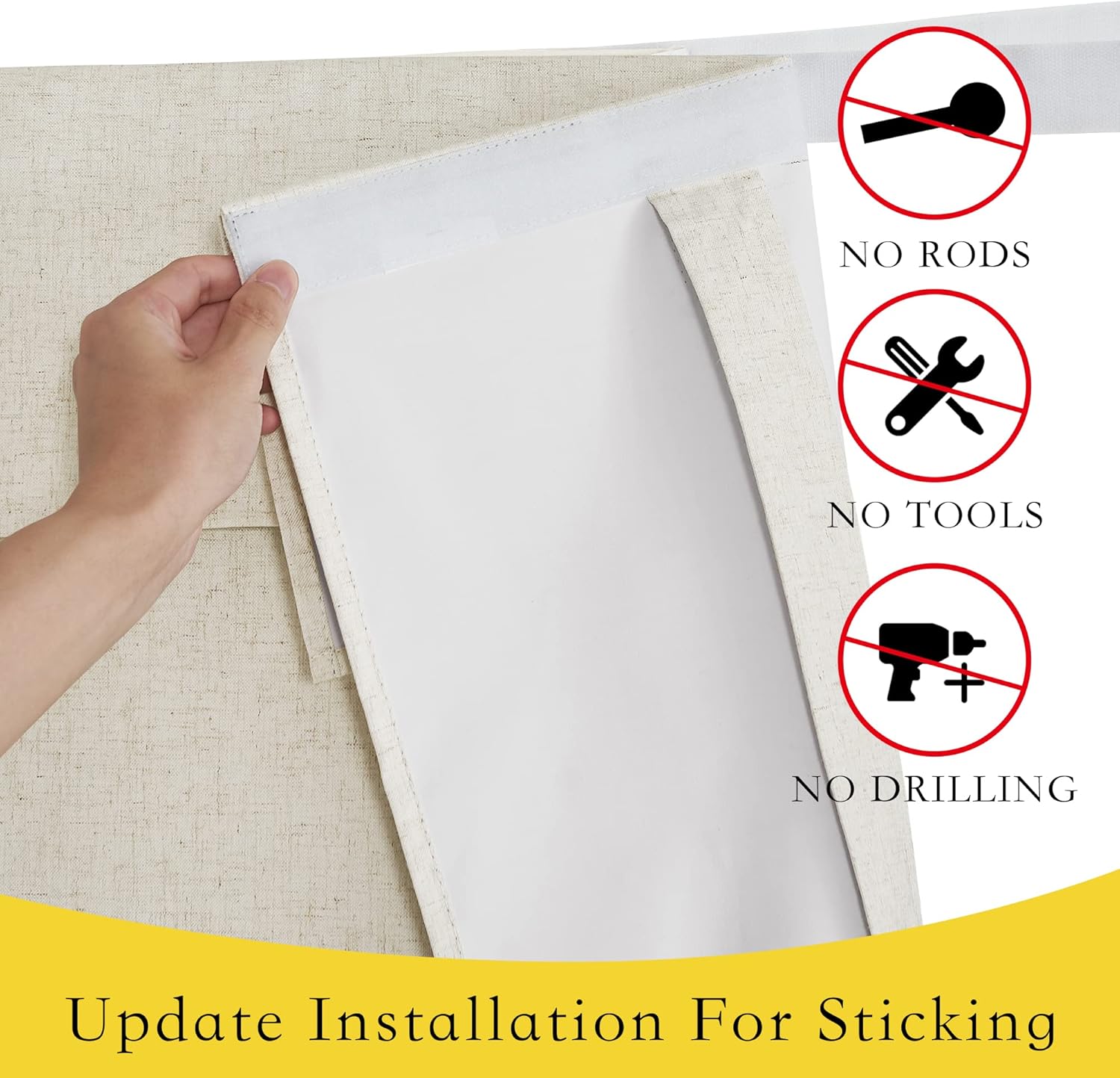 Hand shows sticky top of beige textured window shade. No rods, tools, or drilling needed.