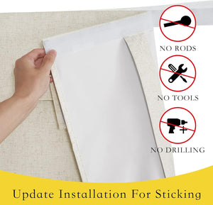 Hand shows sticky top of beige textured window shade. No rods, tools, or drilling needed.